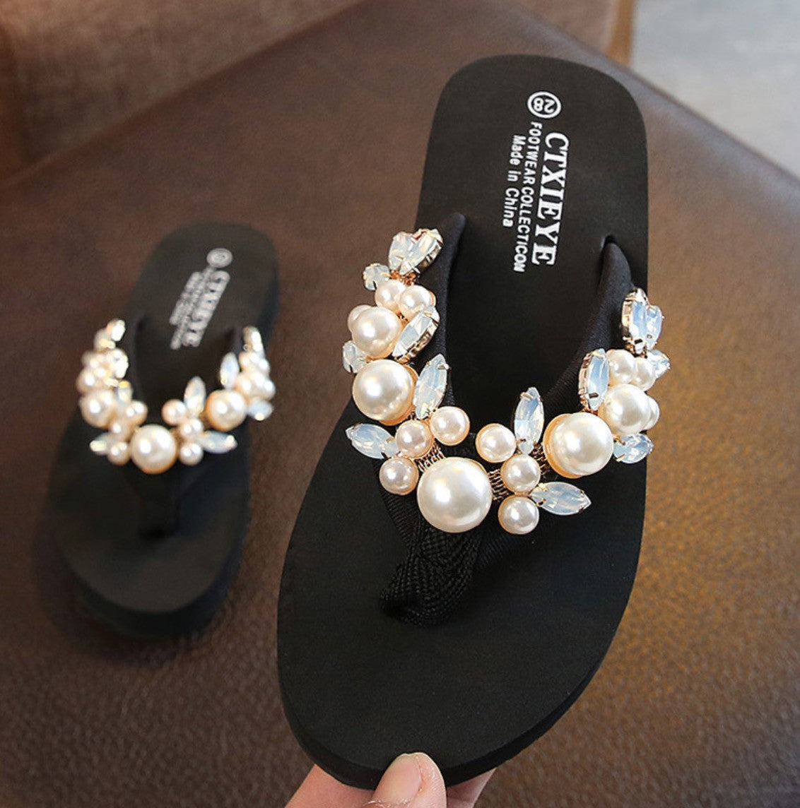 Infradito donna-bimba gioiello perle rose bianco