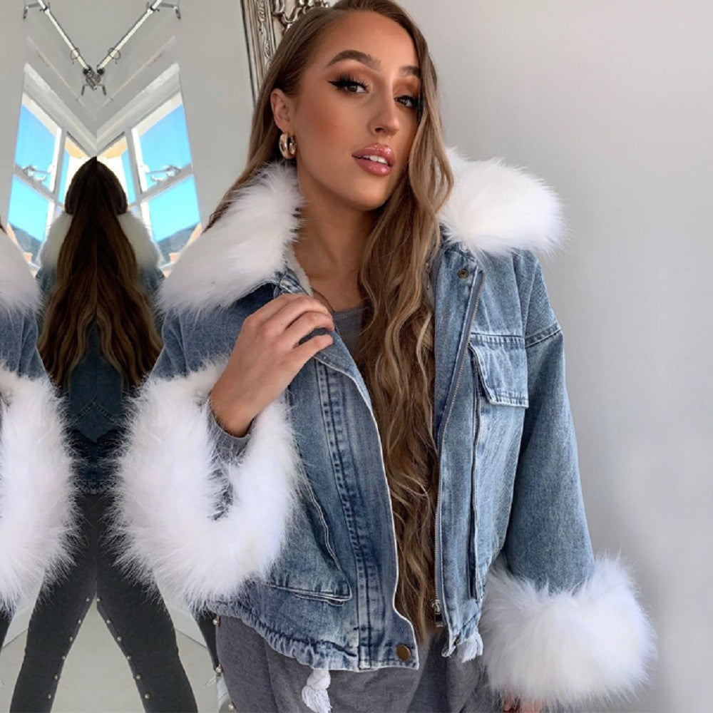 Giacca denim white and furry