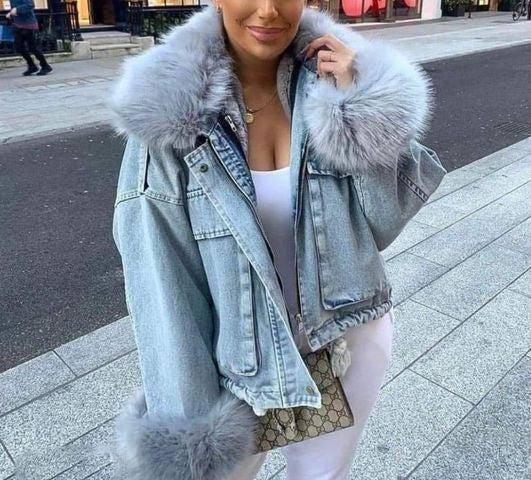 Giacca denim white and furry