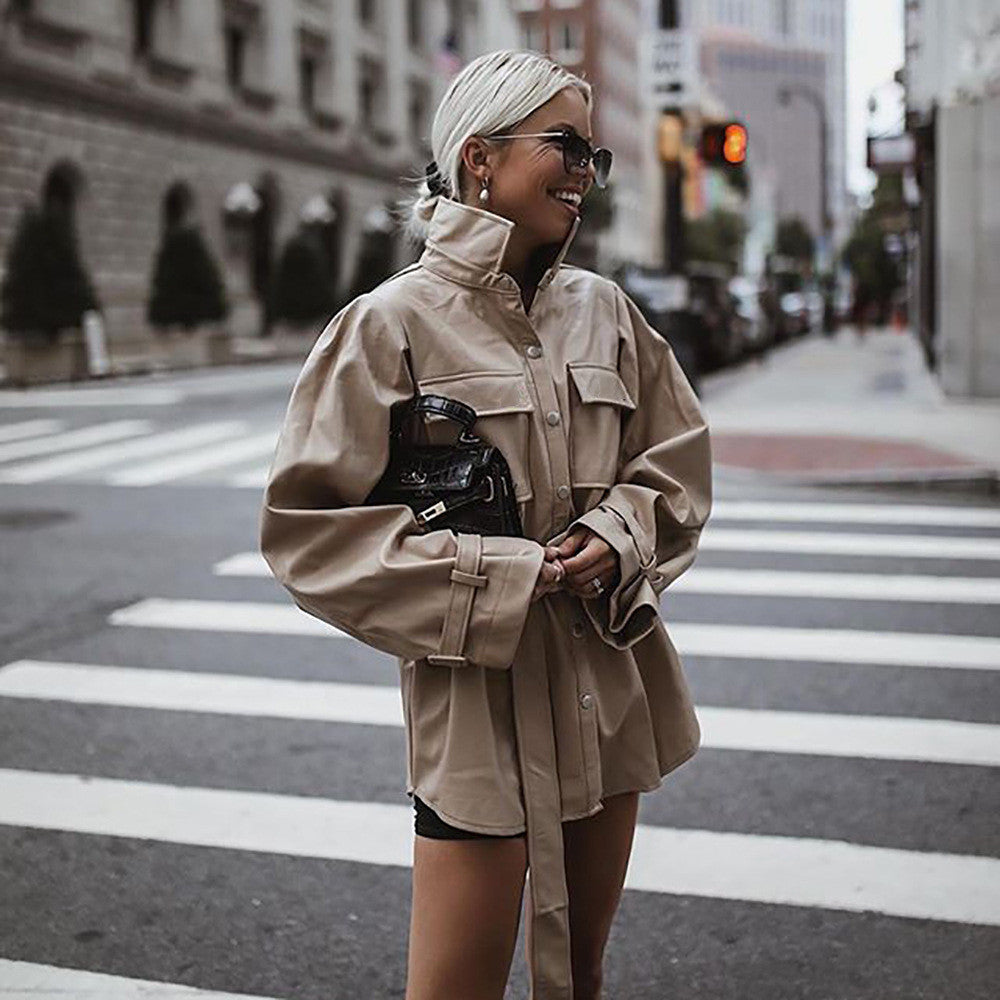 Trench-camicione ecopelle camel