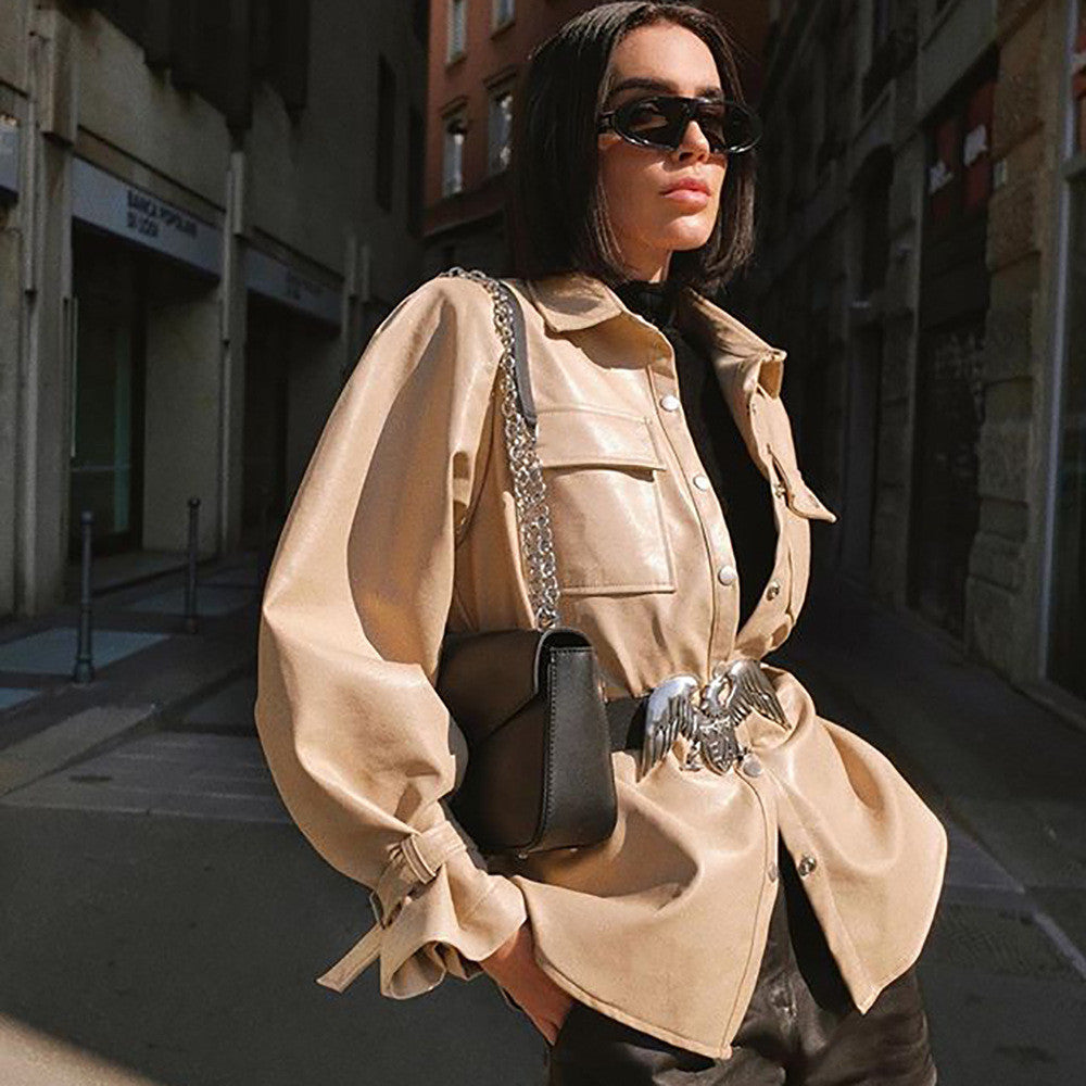 Trench-camicione ecopelle camel