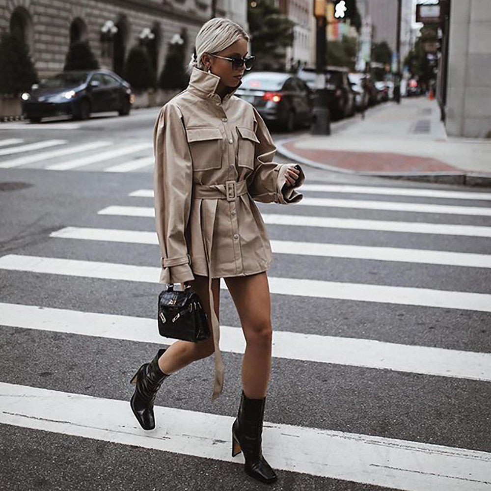 Trench-camicione ecopelle camel