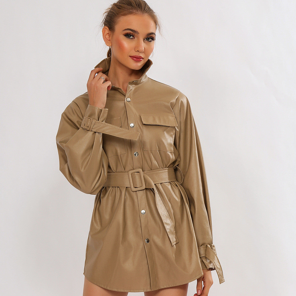 Trench-camicione ecopelle camel
