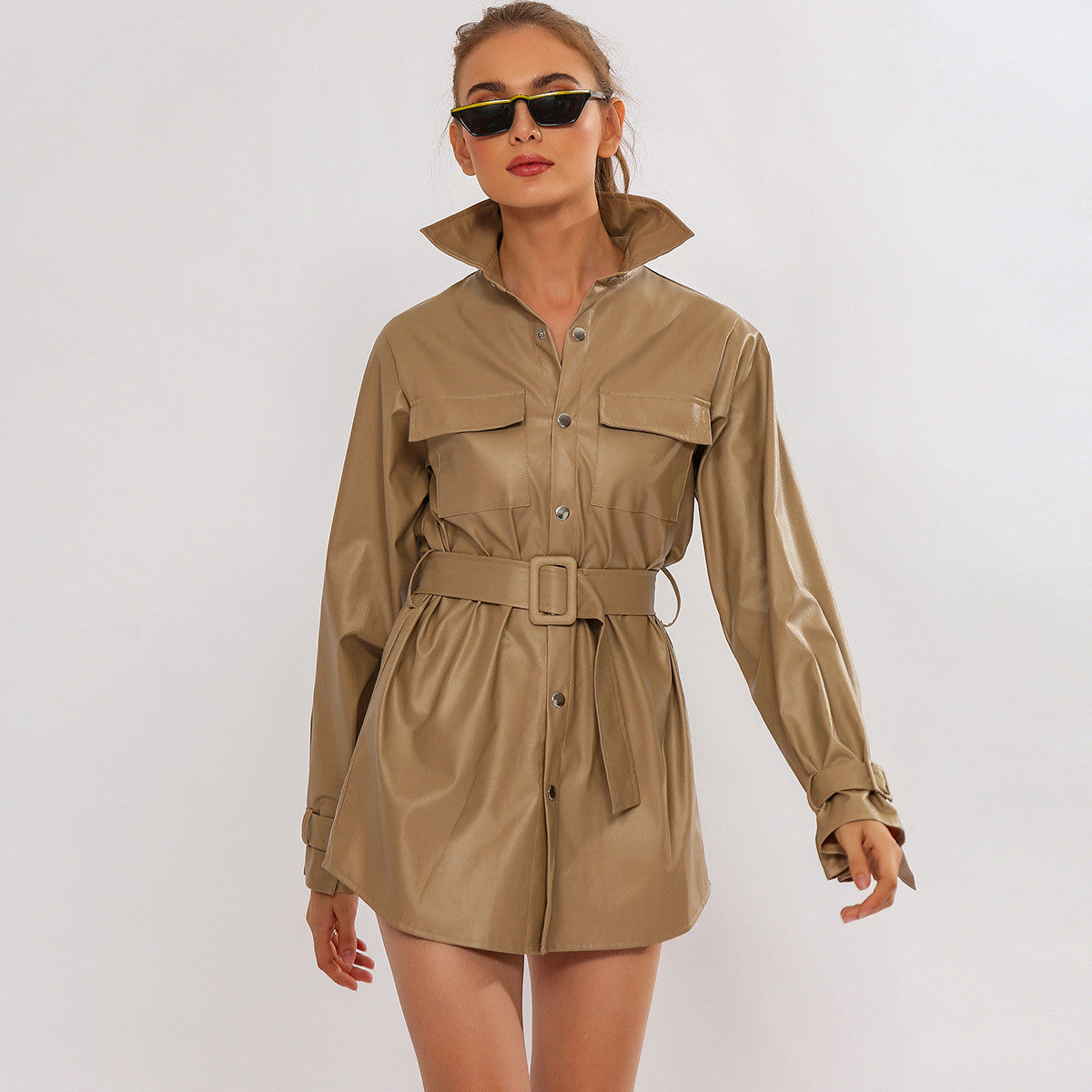 Trench-camicione ecopelle camel