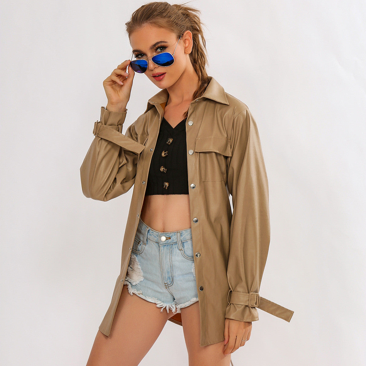 Trench-camicione ecopelle camel