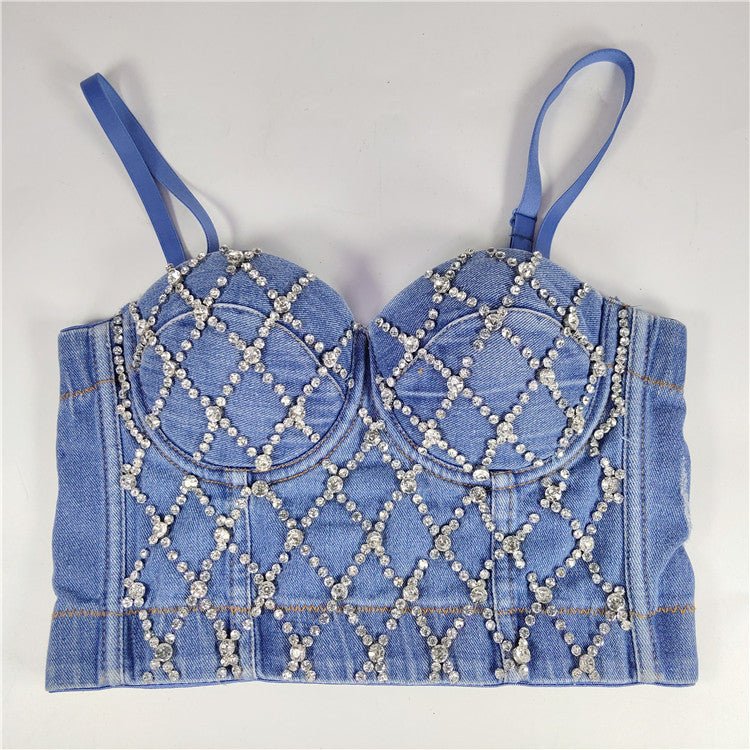Corpetto denim rombi strass