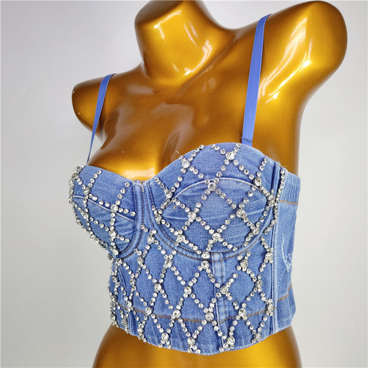 Corpetto denim rombi strass