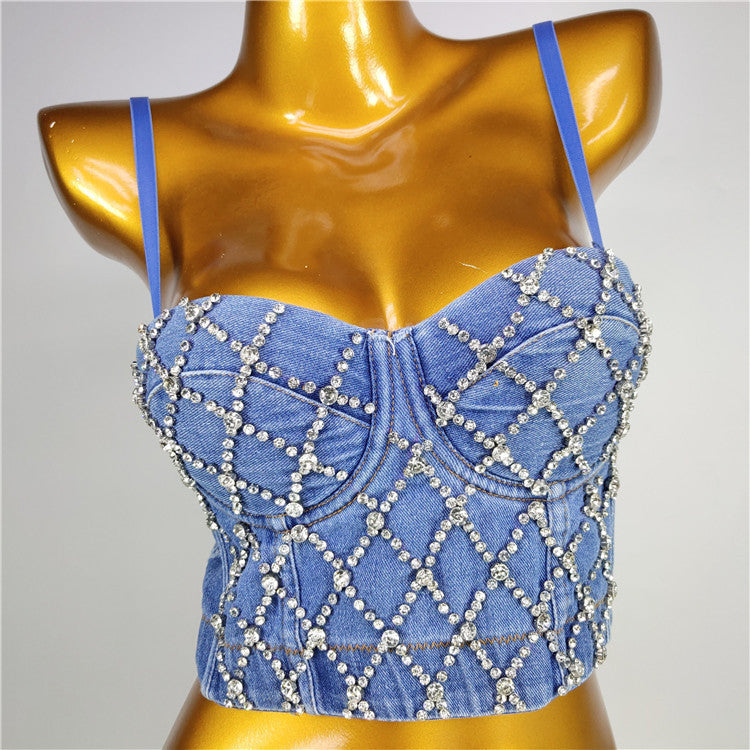 Corpetto denim rombi strass