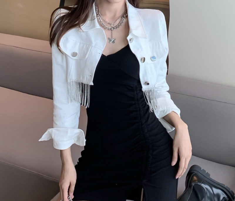 Giubbino corto denim frange e strass