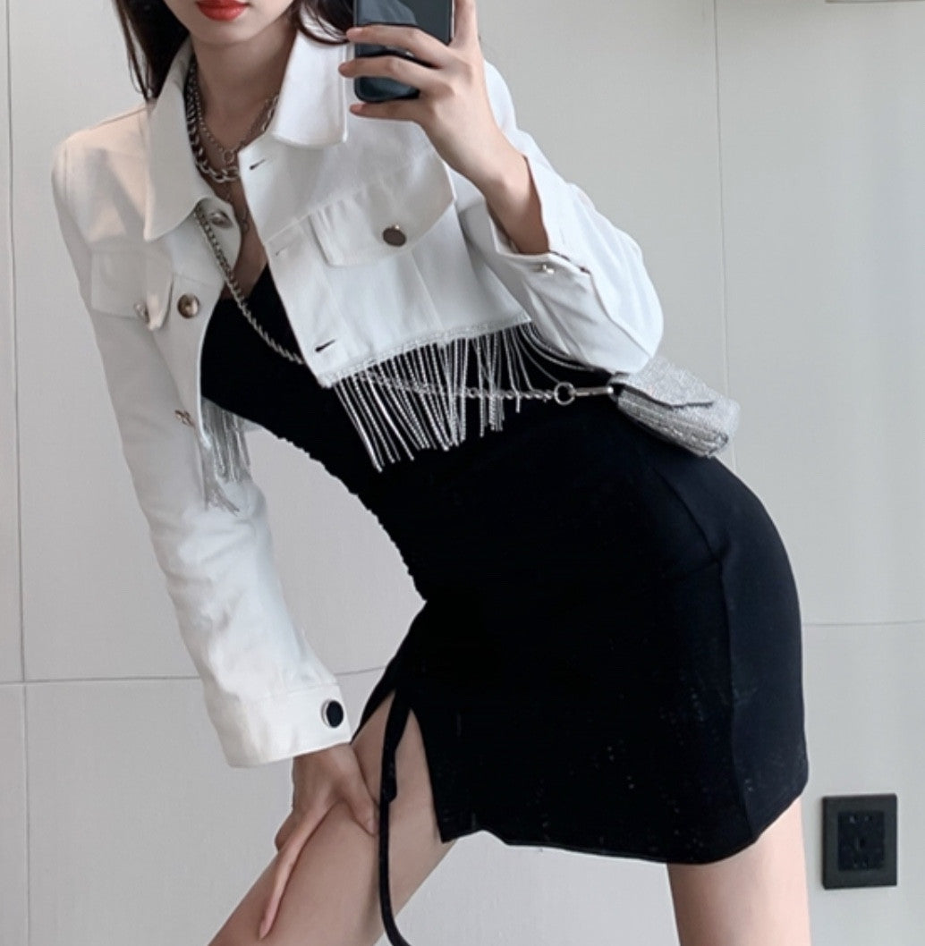 Giubbino corto denim frange e strass