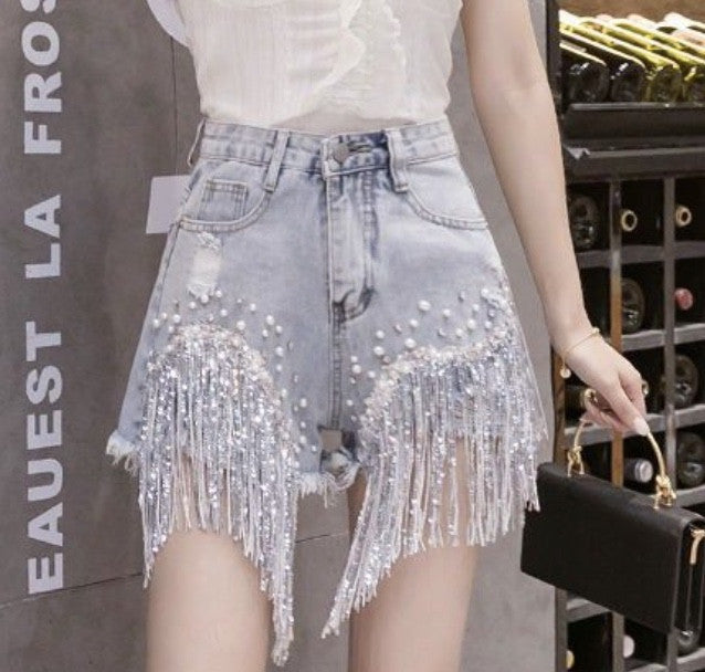Shorts perle e frange strass