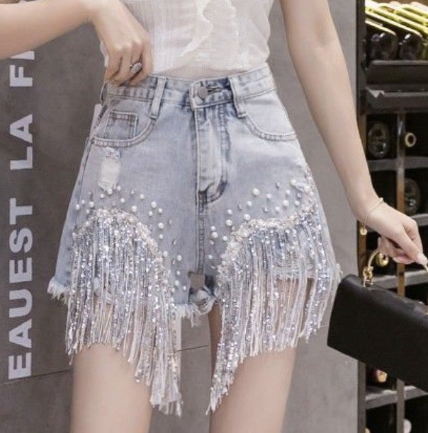 Shorts perle e frange strass