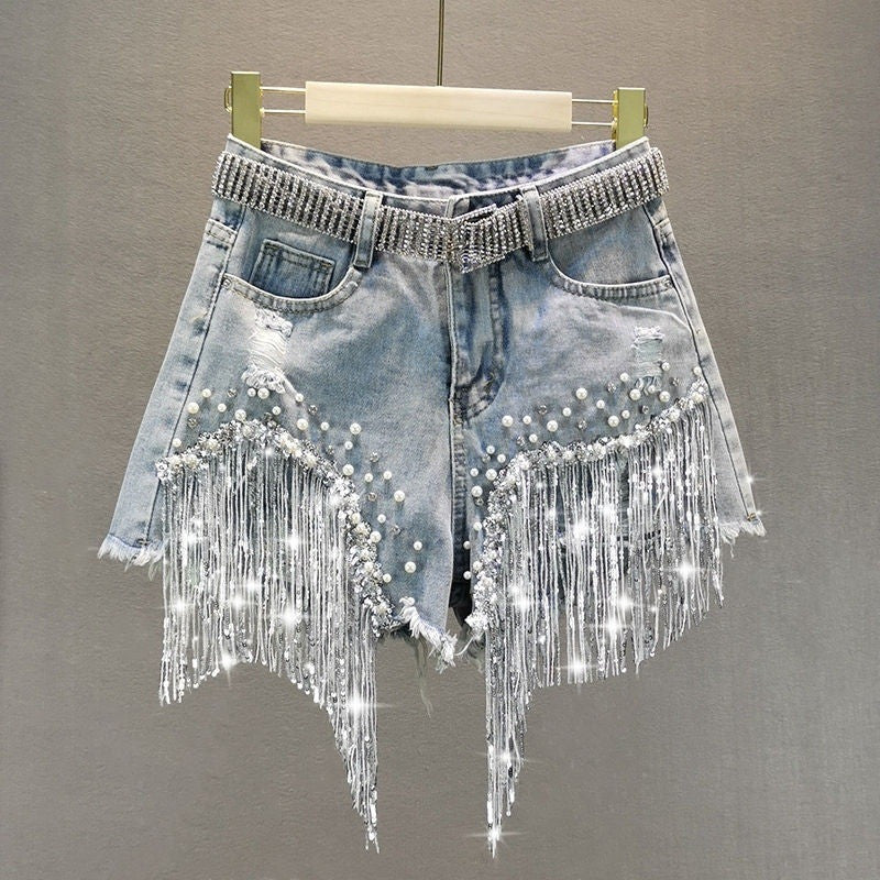 Shorts perle e frange strass