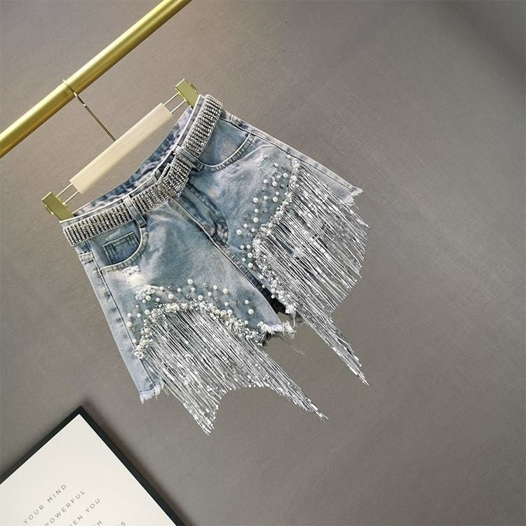 Shorts perle e frange strass
