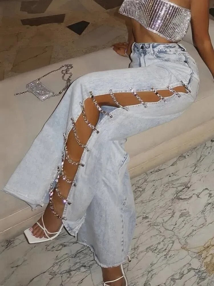 Jeans lateral strass-chains
