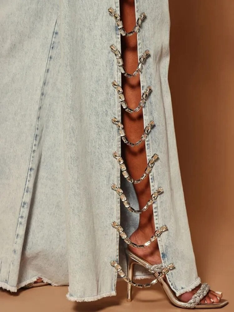 Jeans lateral strass-chains