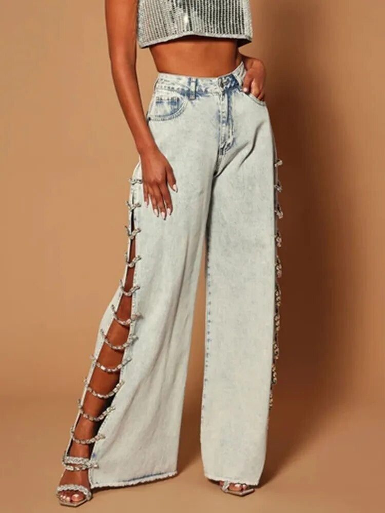Jeans lateral strass-chains
