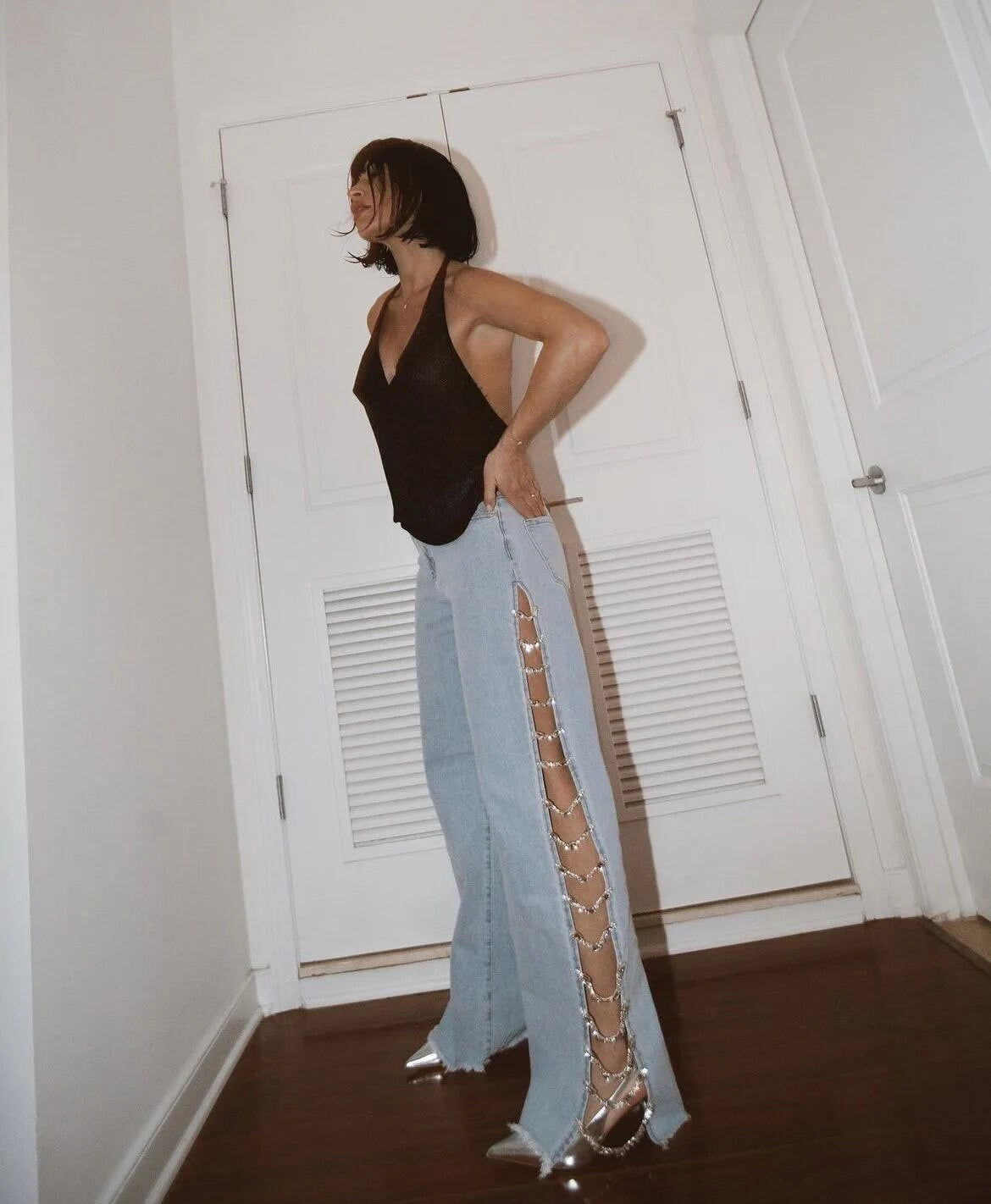 Jeans lateral strass-chains