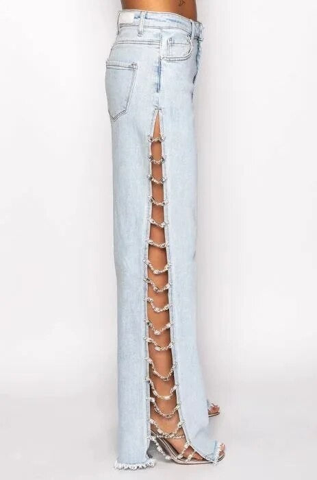 Jeans lateral strass-chains