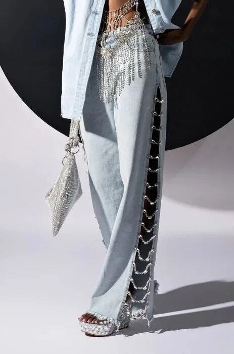 Jeans lateral strass-chains