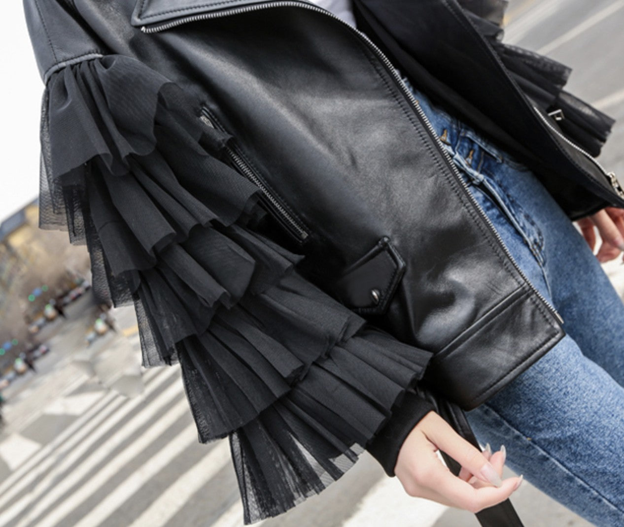 Giacca ecopelle balze-tulle