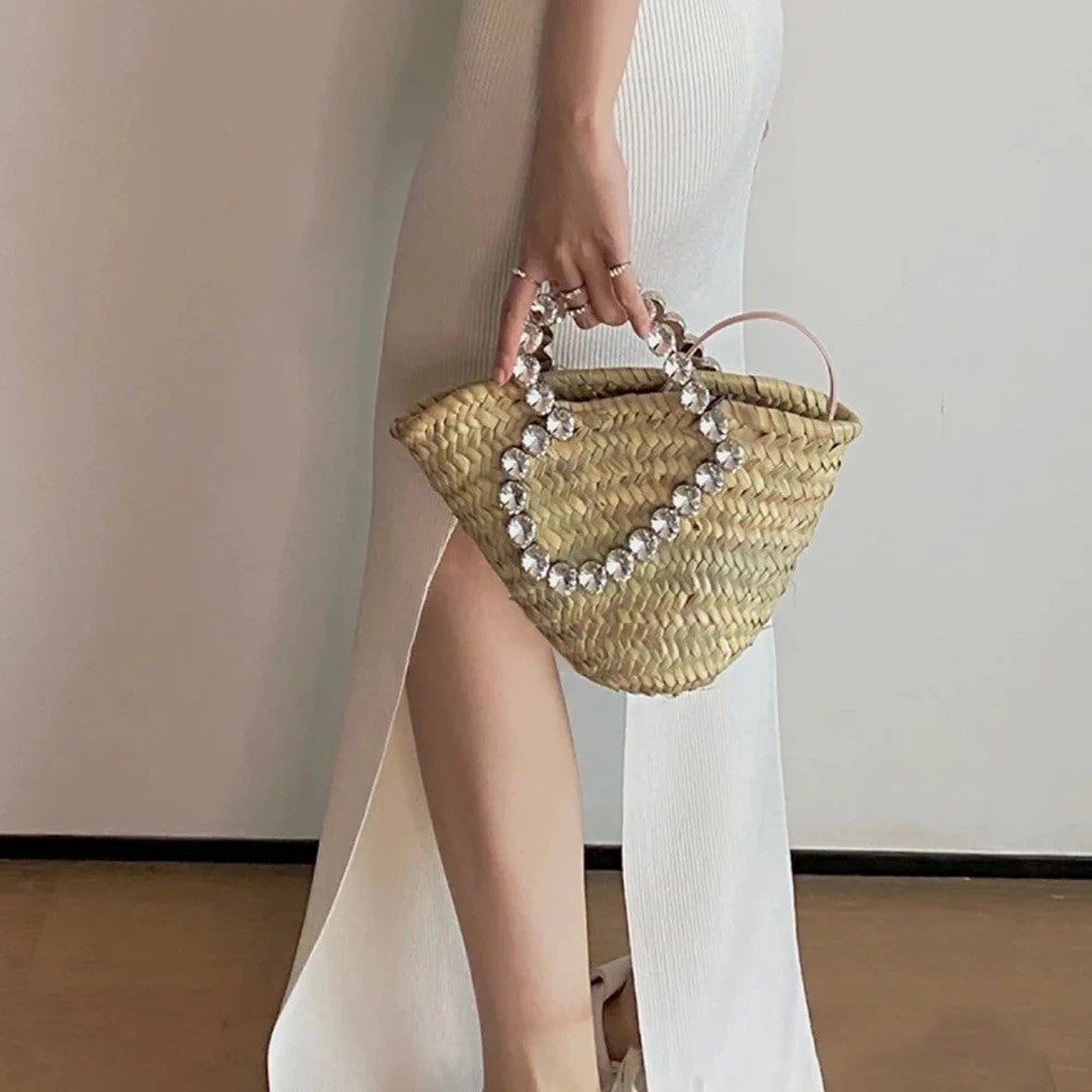 Borsa paglia manico strass cuore