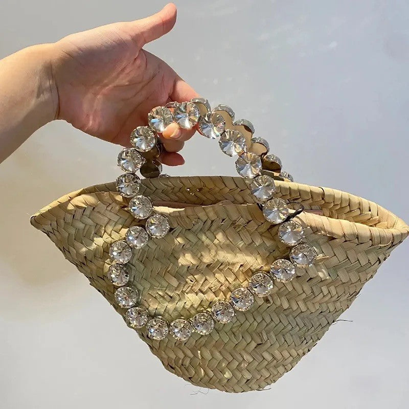 Borsa paglia manico strass cuore