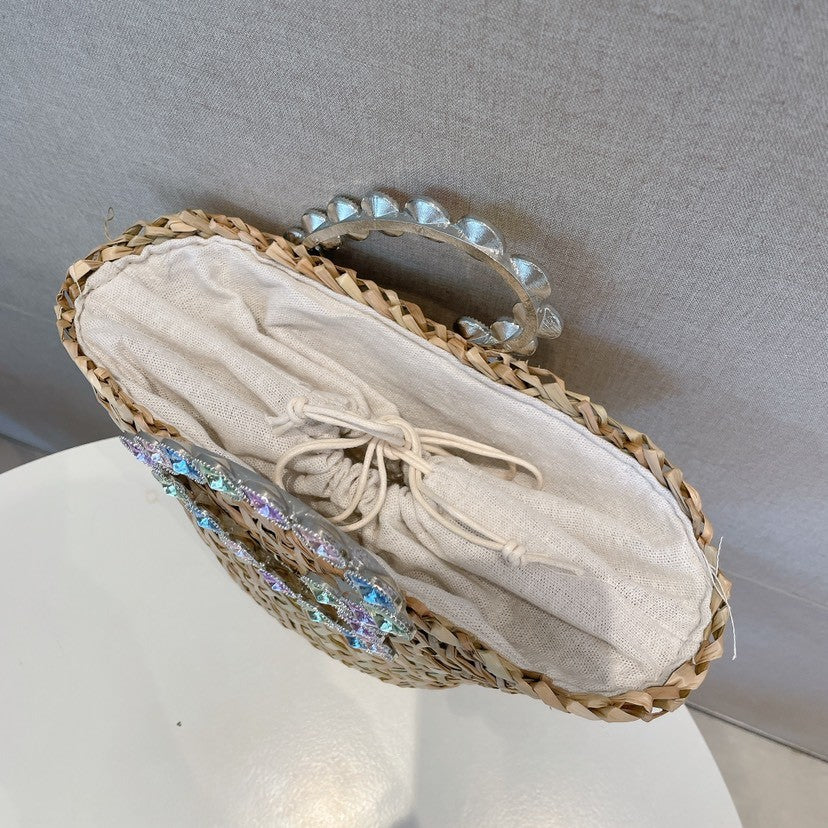 Borsa paglia manico strass cuore