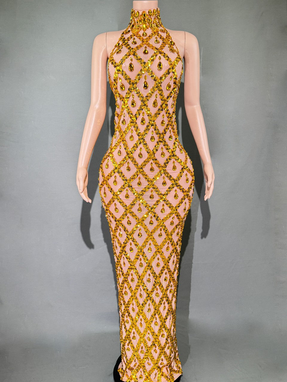 Nude diamond luxury dress long