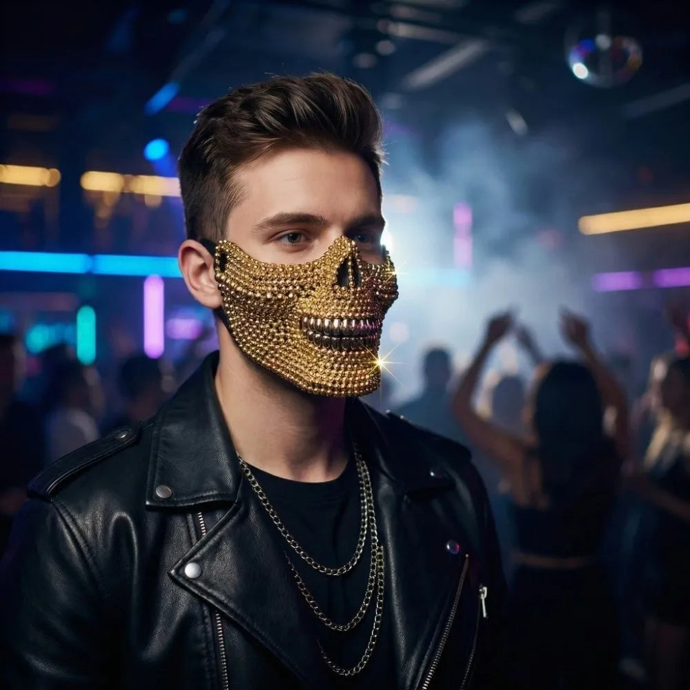 Hombre con media máscara calavera dorada con estrás en discoteca — Dream Shop