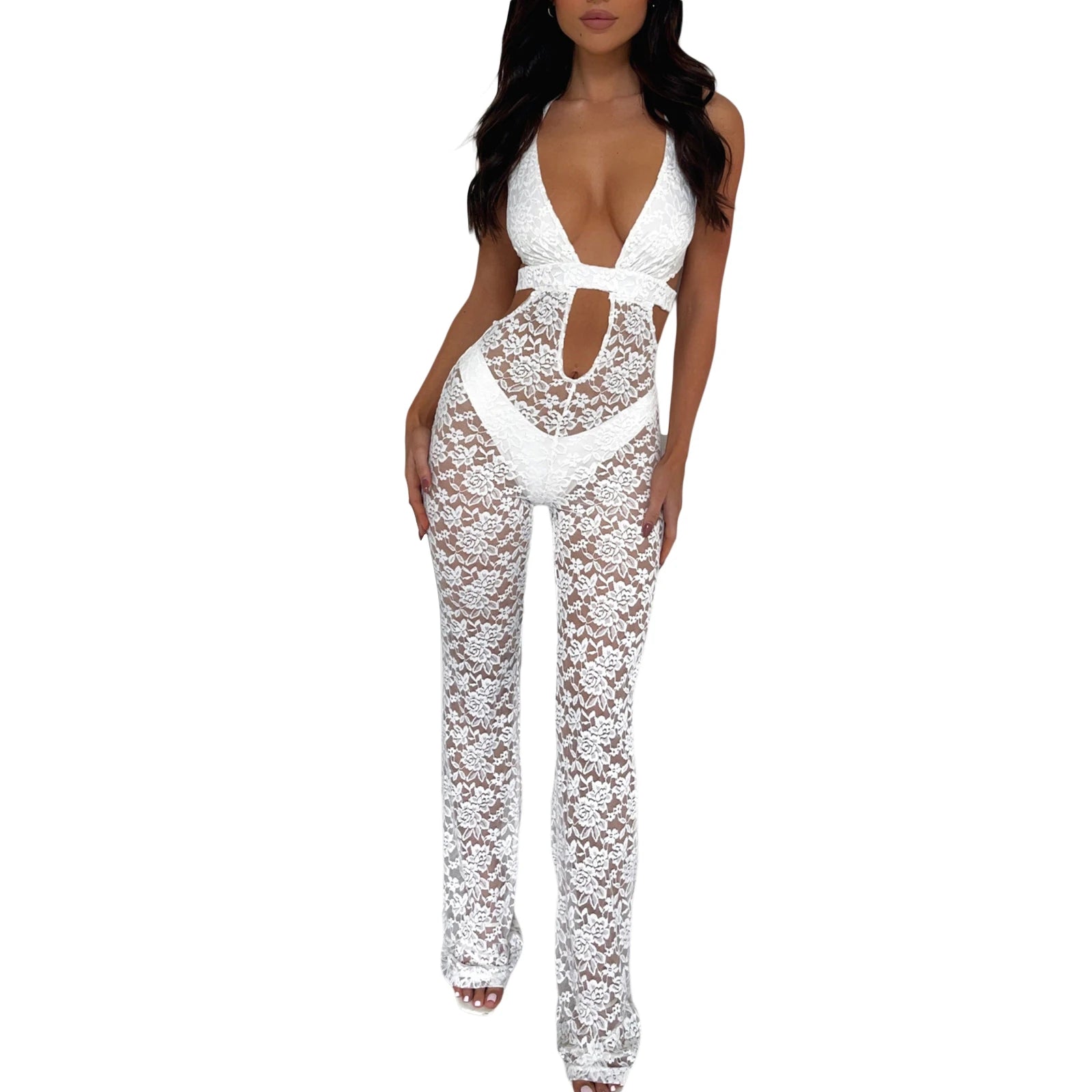 Catsuit pizzo Giovanha 
Pizzo trasparente cut-out halter seconda pelle