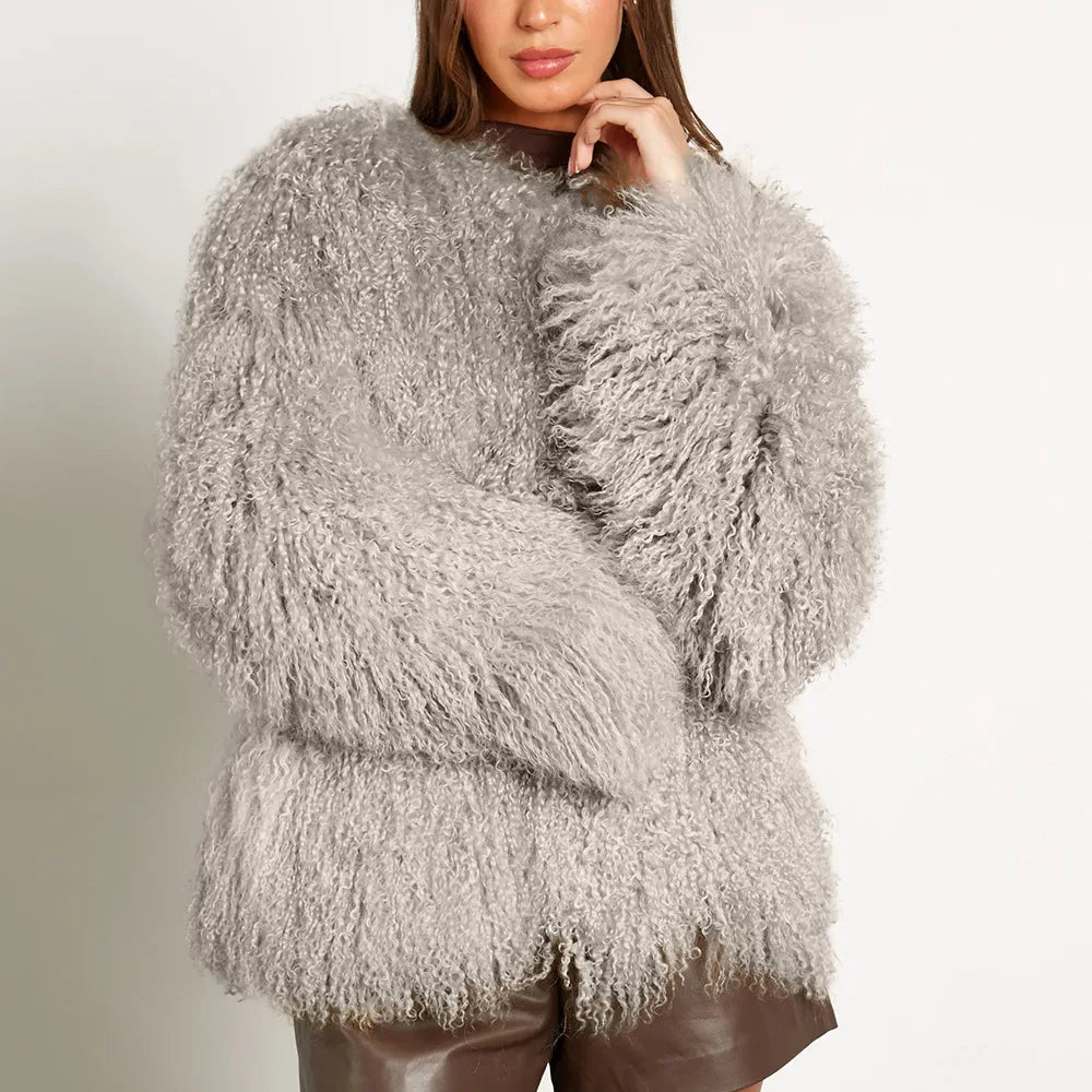 Pelliccia riccia Quatyr Giacca in eco pelliccia mongolia effetto pelo lungo riccio