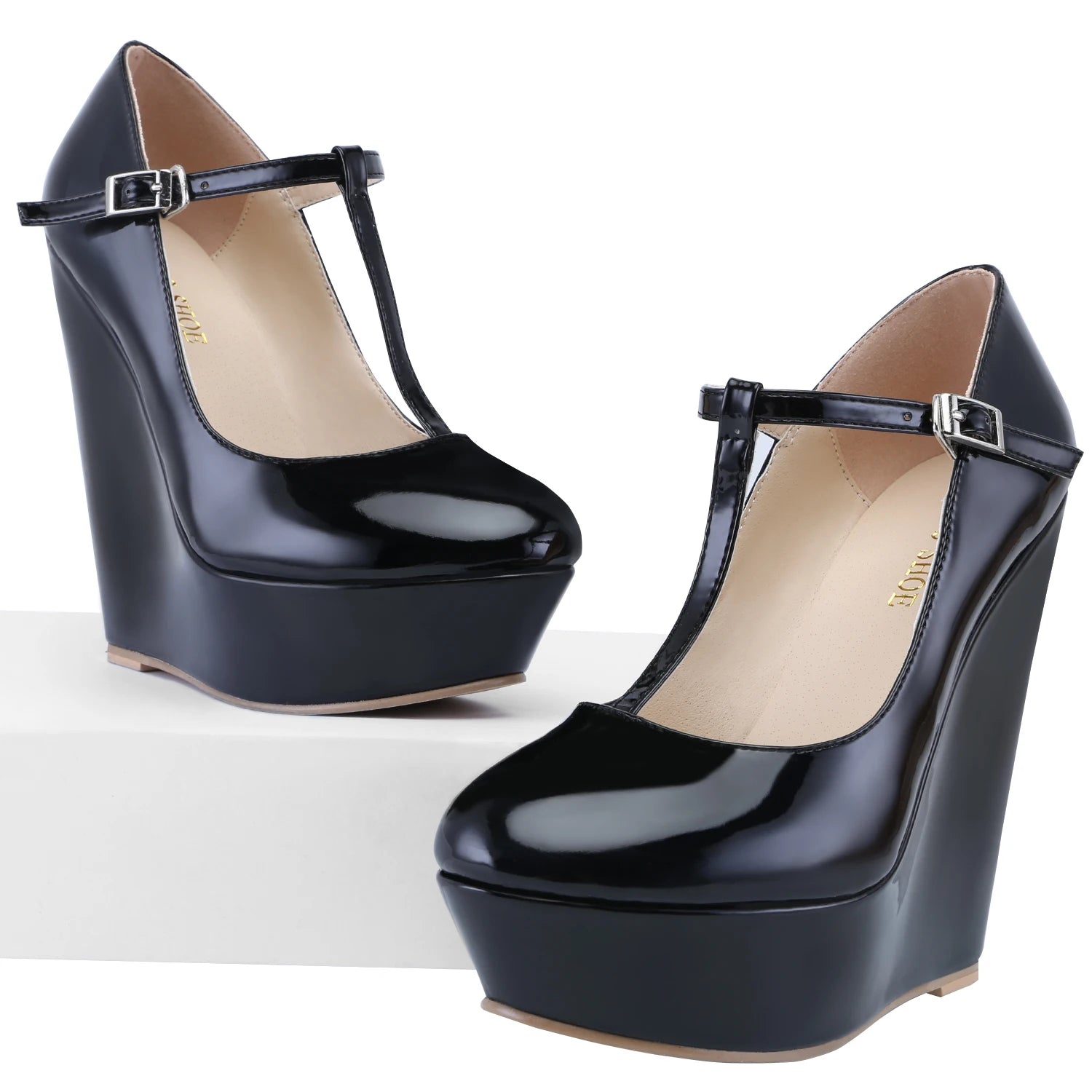 Zeppa Milady décolleté vernice con cinturino T-bar e plateau