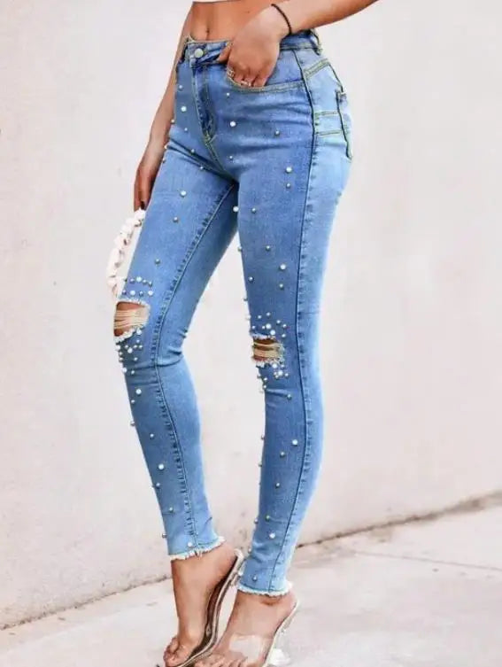 Pearl Full Denim Strappi jeans skinny con perle e strappi al ginocchio