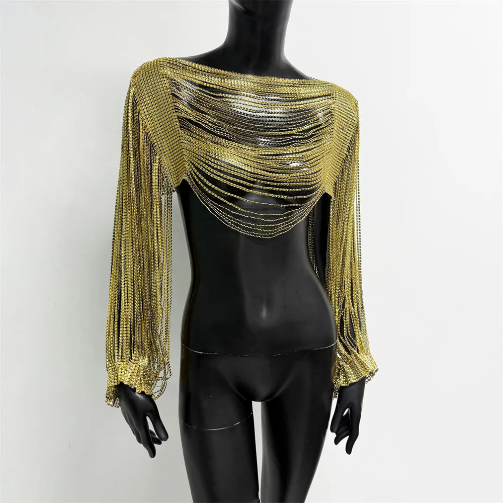 Top catene strass Kyrella oro scollo a barchetta e frange | Dream Shop