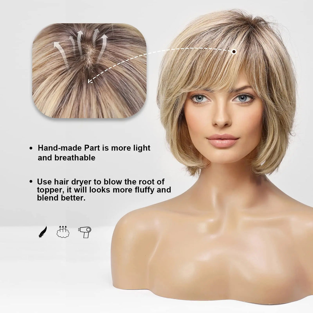 Peluca bob corto raya anudada a mano en maniquí | Dream Shop