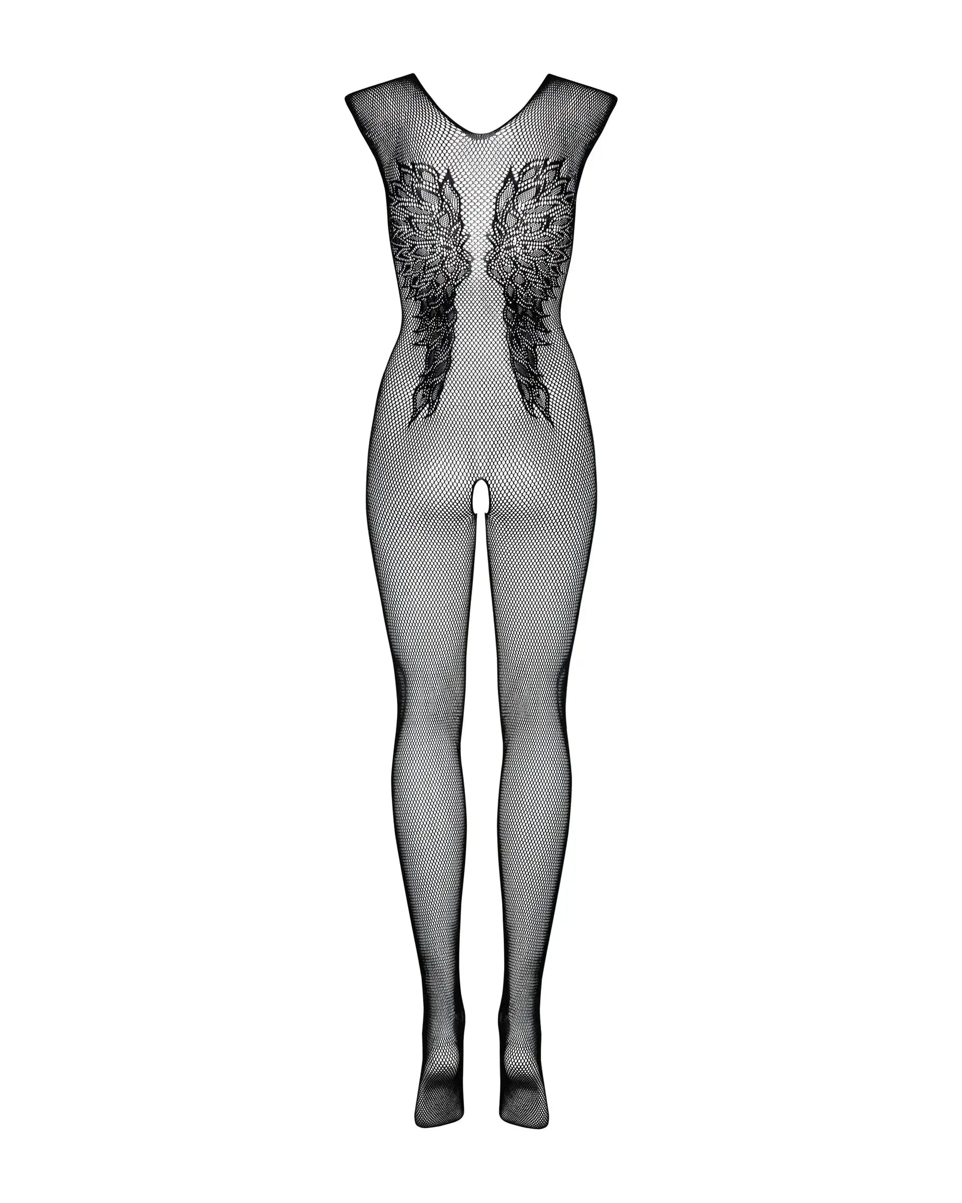 Catsuit effetto rete Black Angel aderente con dettaglio ali