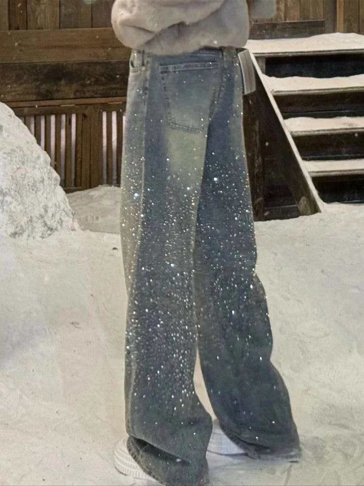 Jeans Donna Baggy a Gamba Larga con Cristalli e Lavaggio Sfumato