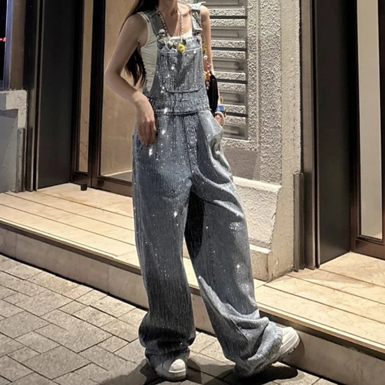 Salopette Jeans Donna Gamba Larga Luccicante con Strass Opraia