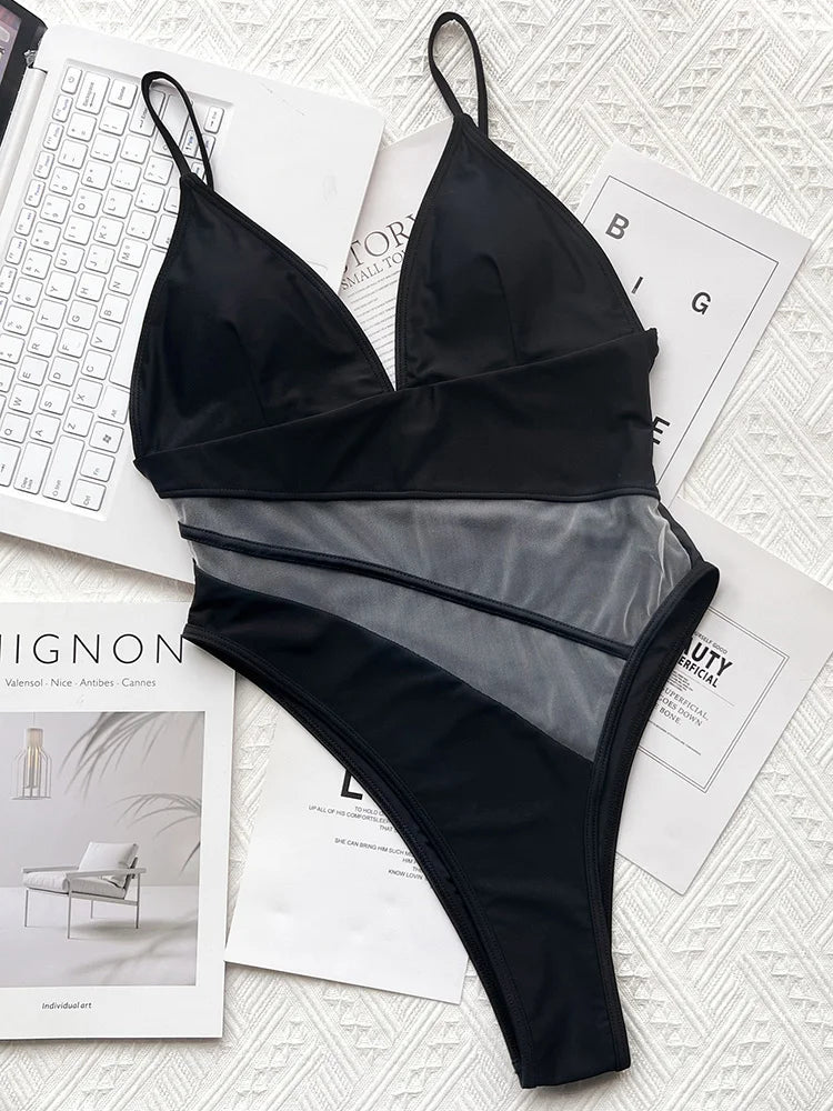 Monokini-body in lycra e tulle effetto nude look