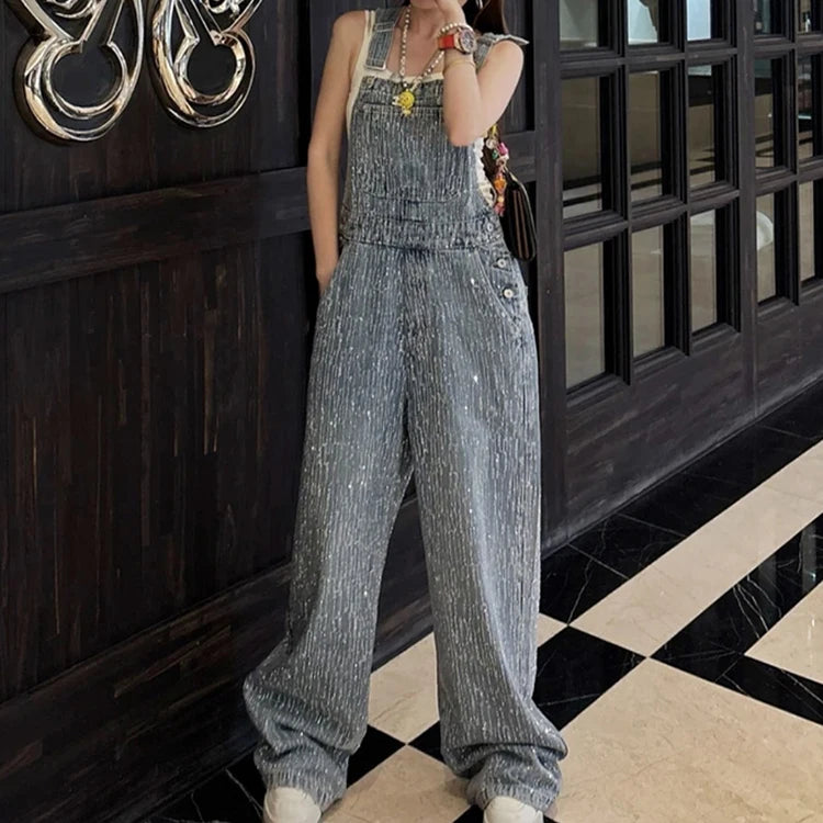 Salopette Jeans Donna Gamba Larga Luccicante con Strass Opraia