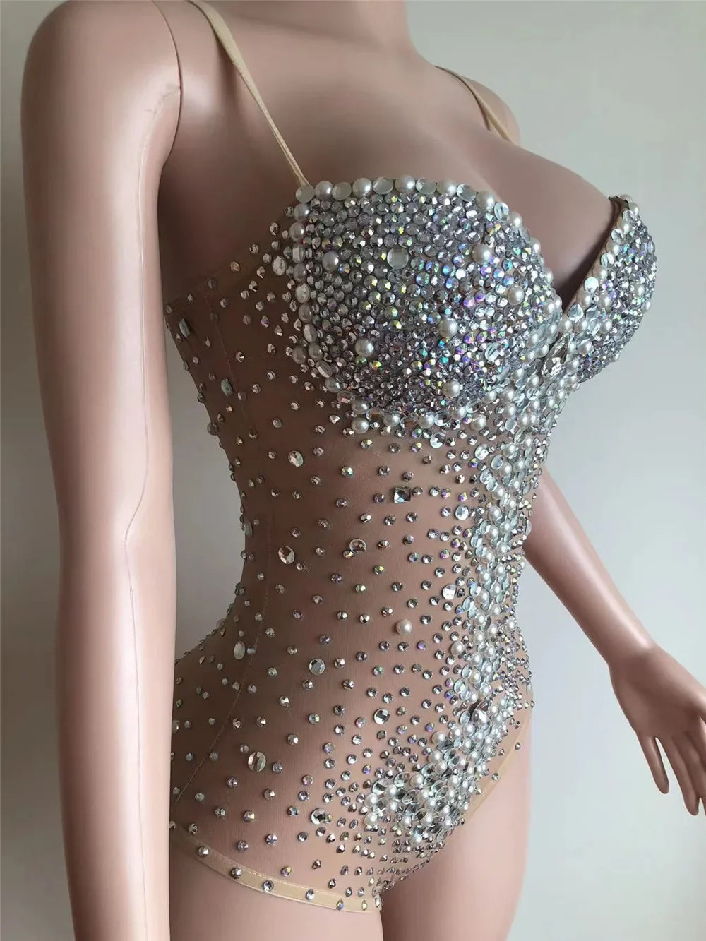 Body in tulle trasparente con strass e coppe push up Body Nude Luxury