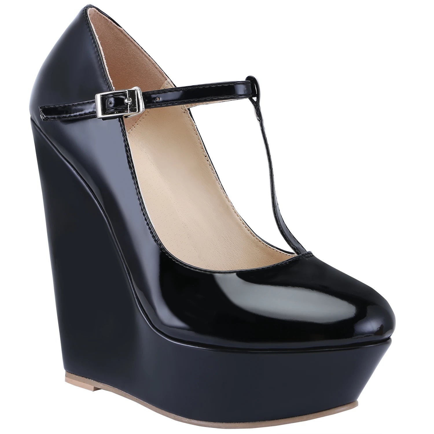 Zeppa Milady décolleté vernice con cinturino T-bar e plateau