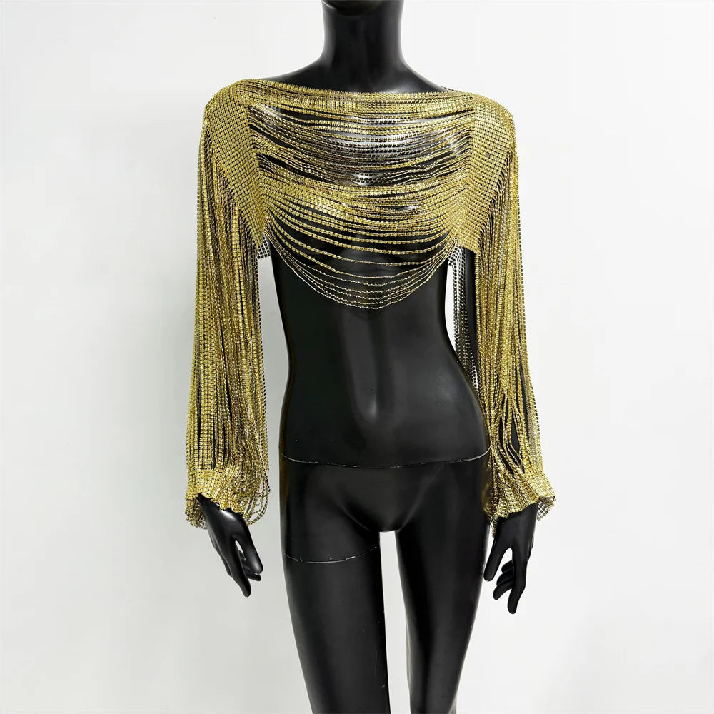 Top catene strass Kyrella oro su manichino vista frontale | Dream Shop