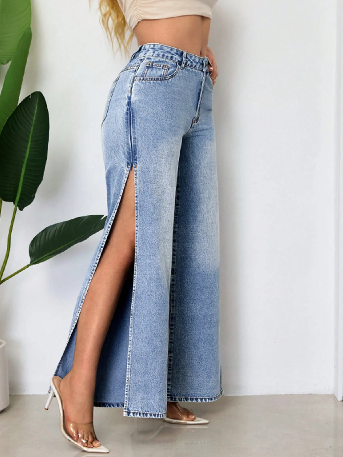Kaleya Side Slit Jeans side view with the slit open on the leg | Dream Shop