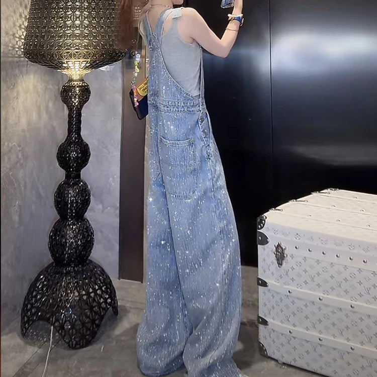 Salopette Jeans Donna Gamba Larga Luccicante con Strass Opraia