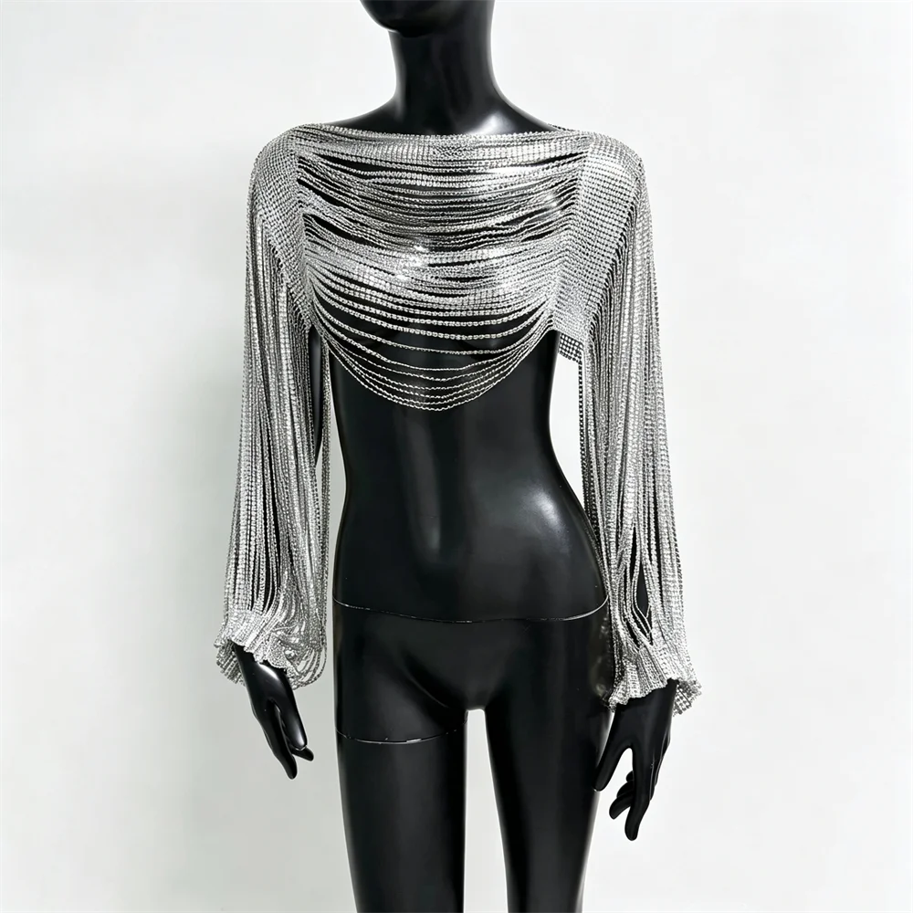 Top catene strass Kyrella argento catene a drappeggio sul davanti | Dream Shop