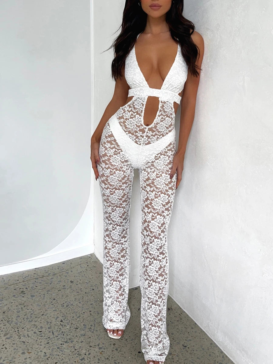 Catsuit pizzo Giovanha 
Pizzo trasparente cut-out halter seconda pelle