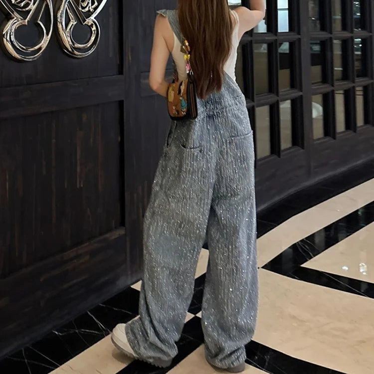 Salopette Jeans Donna Gamba Larga Luccicante con Strass Opraia