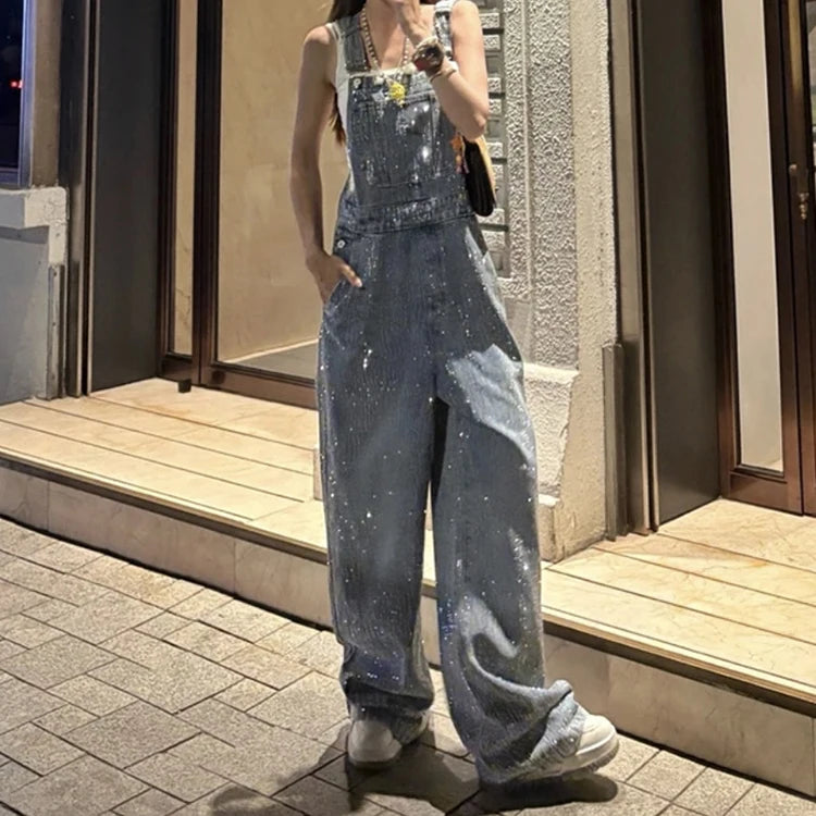 Salopette Jeans Donna Gamba Larga Luccicante con Strass Opraia